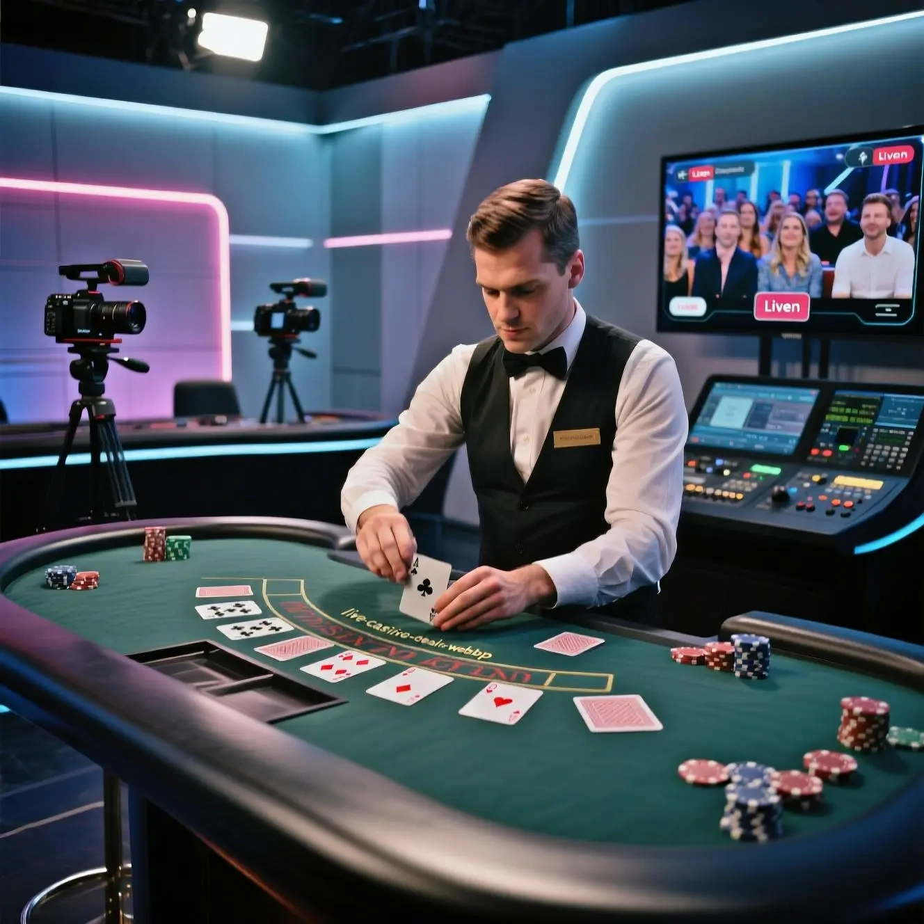 Live casino dealer aan blackjack tafel met HD camera