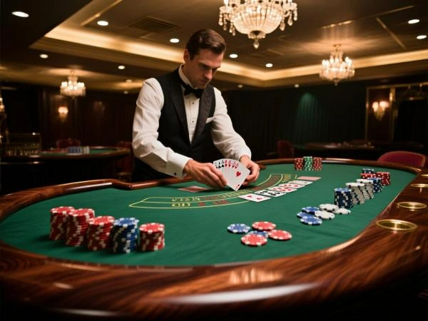Blackjack tafel met kaarten en fiches
